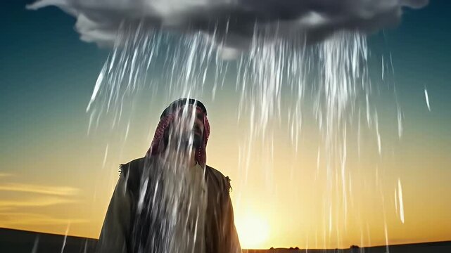 Concept video of a man standing in a dry desert while a single raincloud hovers only above his head, pouring rain in slow motion.

