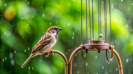 A small brown bird perches on a rain-soaked metal bird feeder, delicate raindrops falling around it in a lush green garden setting.