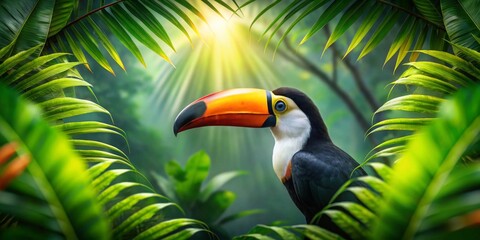 A Vibrant Toucan Perched Amidst Lush Tropical Foliage, Bathed in Golden Sunlight