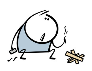 Cartoon confused character is squatting in front of the firewood and trying to light a campfire. Vector illustration of a teenager bullying, matches and wooden sticks.