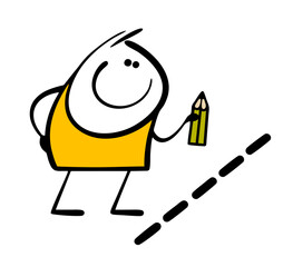 Funny stickman holds a pencil in his hand and draws a dotted line. Vector illustration the character set the boundary himself. Comfort zone, no intrusion. Psychological barrier.