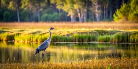 Serene sunrise scene featuring a graceful wading bird by a tranquil water body, surrounded by lush vegetation and a background of trees