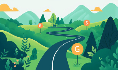 A winding road through a vibrant landscape with mountains and trees, marked by colorful directional signs, creating a whimsical journey.