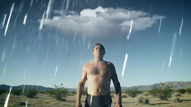 Concept video of a man standing in a dry desert while a single raincloud hovers only above his head, pouring rain in slow motion.

