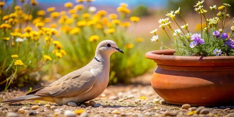 A serene dove rests near a terracotta pot overflowing with vibrant wildflowers, basking in the warm sunlight of a sunny day.