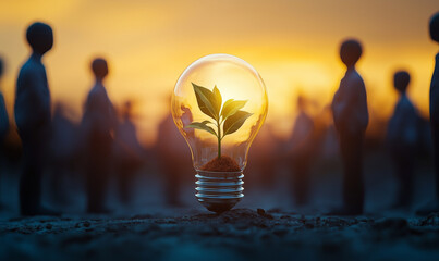 A light bulb with a growing plant stands out against a backdrop of silhouetted figures, symbolizing growth and innovation.