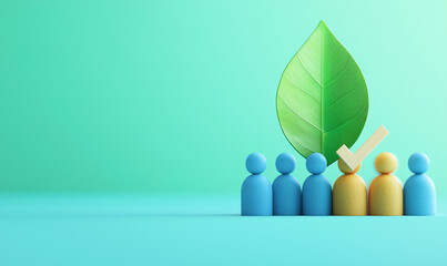 Diverse figures stand beneath a green leaf symbolizing sustainability and teamwork, emphasizing community and eco-friendly choices.