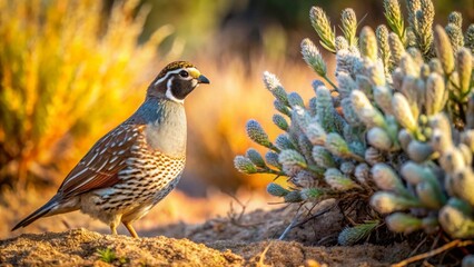 A small game bird, perched on the ground near a flowering plant, bathed in the warm glow of the setting sun.