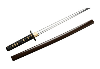 Isolated Japanese katana, a vintage steel weapon with a black handle, presented on a white background