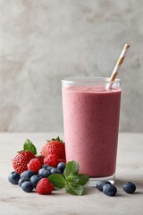 Refreshing berry smoothie served with fresh berries on a marble table in a bright kitchen setting
