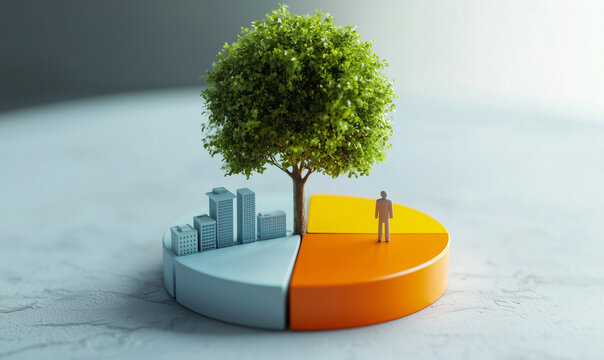 A pie chart with a tree and a person represents growth and sustainability in urban development and environmental balance.