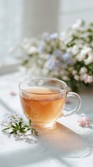 Warm cup of herbal tea beside fresh flowers in bright, airy room during afternoon