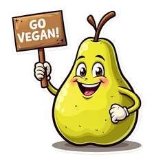 Cute cartoon pear holding a "Go Vegan!" sign, bright and cheerful fruit sticker with thick white outline
