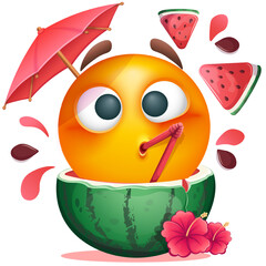 Summer emoji with watermelon cocktail and tropical flowers on white background. Cheerful summer emoticon with cocktail straw and umbrella. Positive vibes, good mood, vacation, travel, holiday concept
