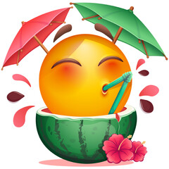 Summer emoji with watermelon cocktail and tropical flowers on white background. Cheerful summer emoticon with cocktail straw and umbrella. Positive vibes, good mood, vacation, travel, holiday concept