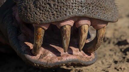 A Close-Up View of a Hippopotamus Mouth Revealing Impressive Teeth Structure
