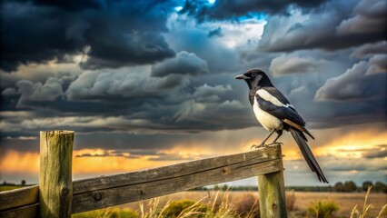 A solitary magpie perched on a rustic wooden fence post, silhouetted against a dramatic sunset sky filled with brooding storm clouds