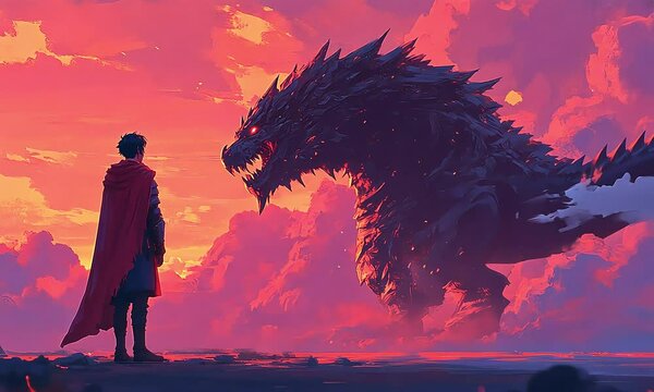 Hero confronts colossal beast against vibrant sunset