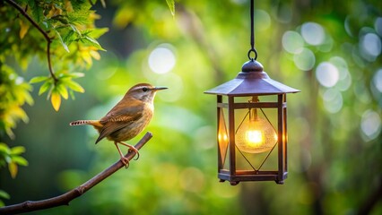 Serene avian perched on branch near illuminated hanging lantern in vibrant garden setting