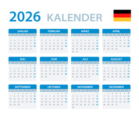 2026 Calendar - vector template graphic illustration - German language version - Germany