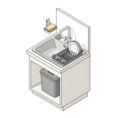 Isometric illustration of a kitchen sink with a dish rack and cleaning supplies showcasing a minimalistic design. A grey trash can sits below the sink with a neutral color palette.