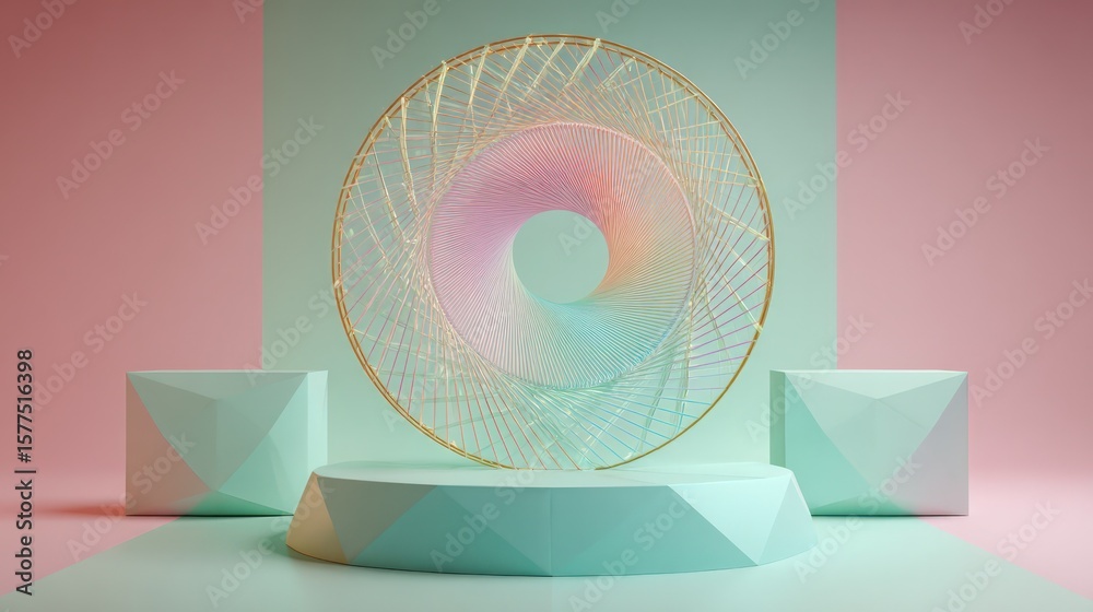 Fototapete photo of a pastelcolored geometric display features a circular wireframe on a podium, creating a mod