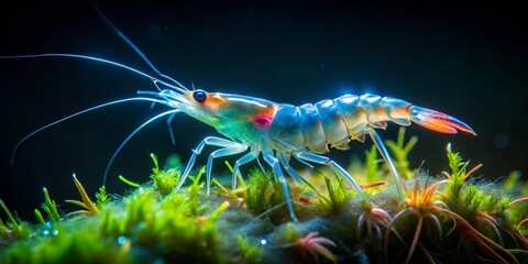 A Vibrant Blue Shrimp Crawls Across Lush Underwater Moss in a Dark Aquatic Environment