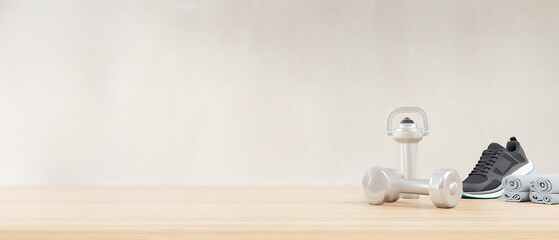 Obraz premium Fitness accessories on wooden surface backdrop