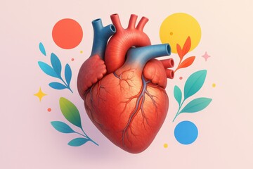 Detailed illustration of a human heart with decorative leaves and circles on a light background showcases circulatory system health.