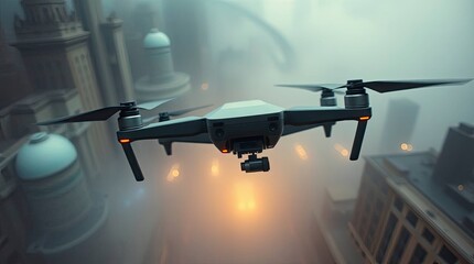 Dreamlike, surreal drone action with soft cinematic haze; fantastical elements, bizarre scenes, soft focus, hazy background, aerial perspective