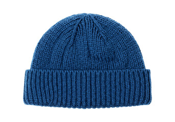 Blue knitted winter cap isolated on white background