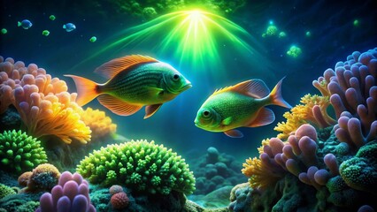 Obraz premium Two Vibrant Tropical Fish Swim Gracefully Amidst a Lush Underwater Coral Reef Ecosystem, Illuminated by a Celestial Light Source