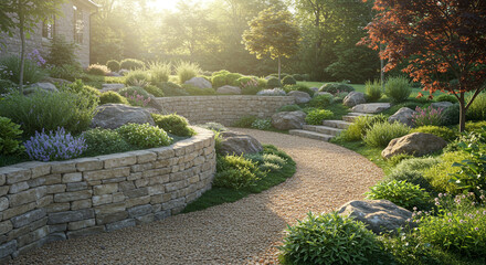 Obraz premium Landscaped garden design with stone walls gravel path and lush green plants