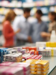 Cold Medications Displayed Prominently on Pharmacy Counter as Customers Browse in Background