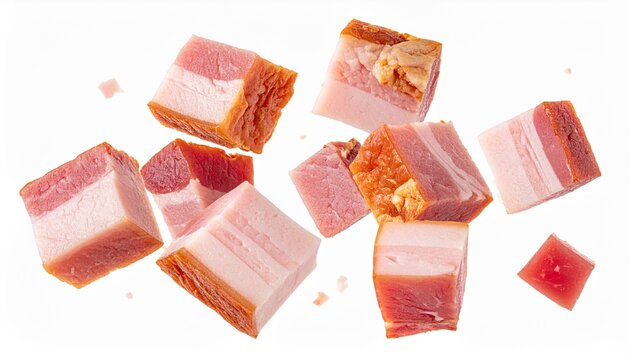 Diced Smoked Ham and Bacon Cubes Isolated on White Background for Culinary Creations