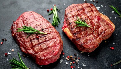 Grilled beef fillet steaks with aromatic herbs and spices on a rustic dark background, perfect for culinary photography and food presentations.