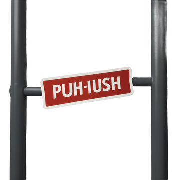 Close up of a sign that says puh iush attached to a metal structure