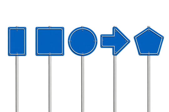 Various blue road signs on poles stand against a transparent background
