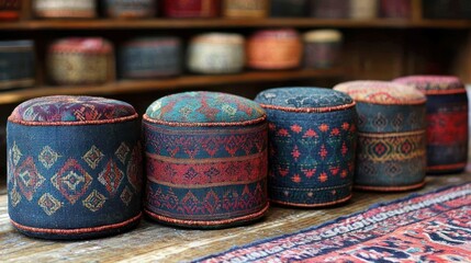Colorful patterned poufs on wooden table