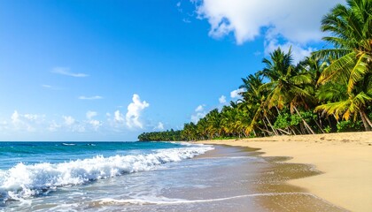 Idyllic Tropical Beach Panorama with Palm Trees, White Sand, and Azure Sea under a Bright Blue Sky