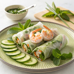 Fresh vietnamese spring rolls with shrimp cucumber and mint on a plate