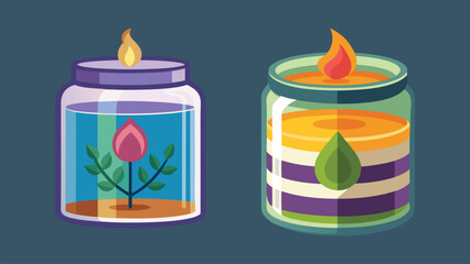 Illuminating Aromas: Two charming, illustrated candle jars, each with a unique design. One features a delicate floral motif, the other showcases layered wax and a fresh scent symbol.