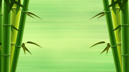 Vibrant green bamboo stalks with leaves against a soft blurred green background