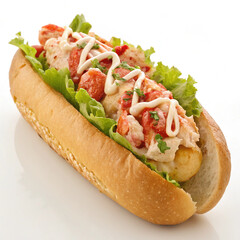 Delicious lobster roll sandwich with fresh lettuce and creamy mayonnaise drizzle