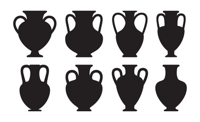 Collection of ancient greek amphorae silhouettes with two handles