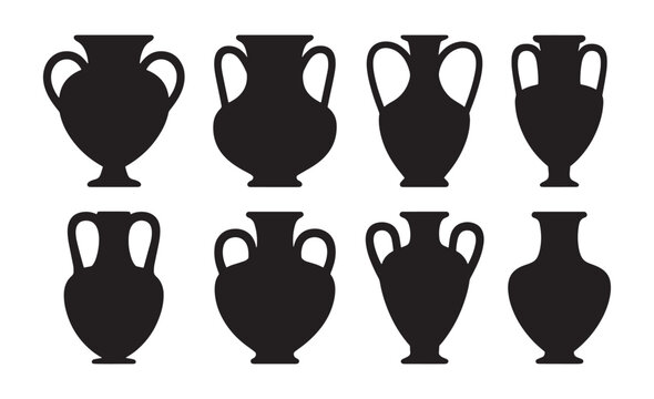 Collection of ancient greek amphorae silhouettes with two handles