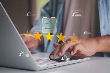 Online customer satisfaction survey concept. Consumer giving five star rating and positive feedback...