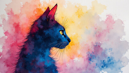 Artistic feline illustration showcasing a vivid, watercolor style rendering of a dark cat against a colorful painted backdrop.