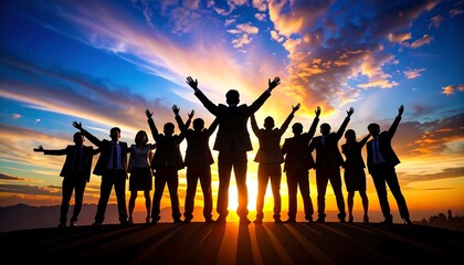 Silhouette of a team celebrating a sunset