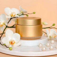 Relaxing spa still life with white orchid flowers, green tea, and natural beauty care cosmetics for health and aromatherapy